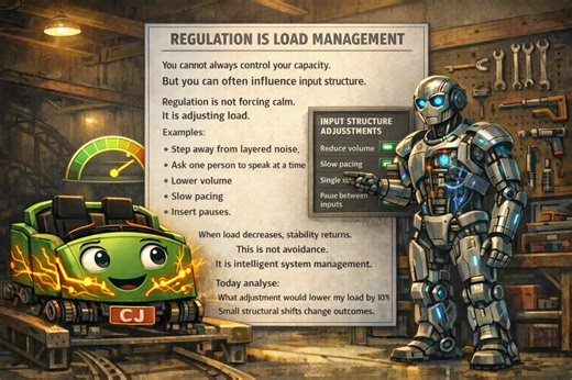 We need to correct something culturally. Regulation is not “calm down.” Regulation is not “try harder.” Regulation is not suppressing emotion. Regulation is load management. All day we’ve been talking about auditory input — how it cannot be turned down in real time. We talked about structure. We talked about overload. We talked about capacity. Now we talk about what actually works. Every nervous system has a processing capacity. Capacity fluctuates. It changes with: • sleep • stress • hormones •
