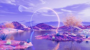 Colorful Nature Landscape Abstract Background with Lake and Neon Frame
