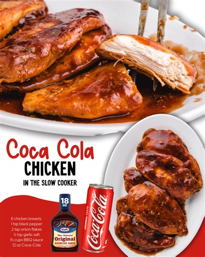 Best Slow Cooker Coca-Cola BBQ Chicken Recipe!! 6 boneless, skinless chicken breasts 1 tsp black pepper 2 tsp onion flakes ½ tsp garlic salt 1½ cups barbecue sauce 12 oz Coca-Cola | Very Best Recipes