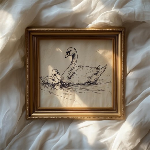 Cottagecore Warm Spring Swan Art - Mother Swan and Cygnet Sketch, Vintage-style Minimalist Art, Serene Print Wall Decor, Printable 917 - Etsy