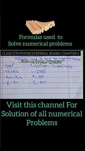 Formulas used to solve numericals problems ch 6 (fluid mechanics) class 11th physics federal board