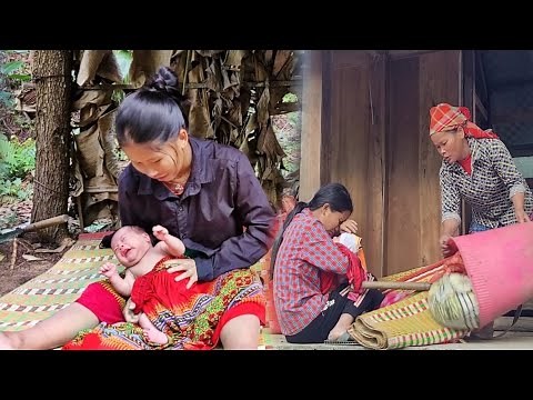 giving birth to a baby in the forest, taking banana cores to cook