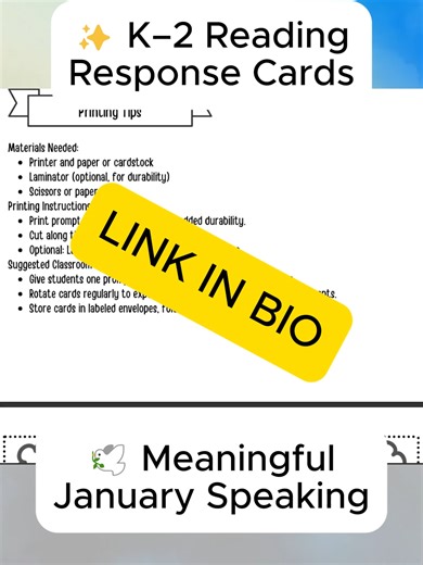 Looking for simple reading response for K–2? 📘✨ These student-friendly reading response prompt cards help kids: ✏️ Write short responses 🎨 Draw their thinking 💬 Talk about the story Perfect for centers, small groups, or early finishers. 📥 Link in bio for easy comprehension practice #TeacherTikTok #ElementaryReading #K2Teachers #ReadingCenters #ReadingResponse #PrimaryELA #TPTTeachers #EarlyReaders