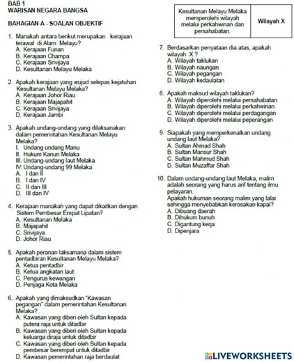 Latihan Sejarah Bab 1 Tingkatan 4 (set 1) worksheet
