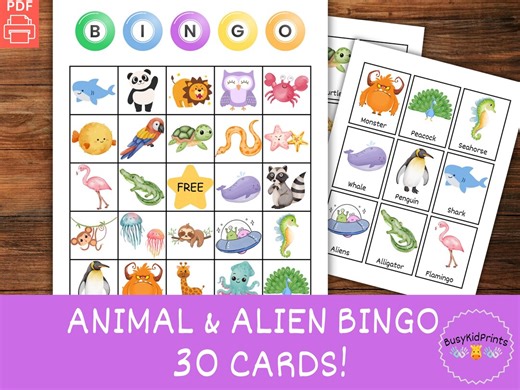 Animal & Alien Silly Bingo Game: 30 Different Printable Cards for Kids (digital Download) - Etsy UK