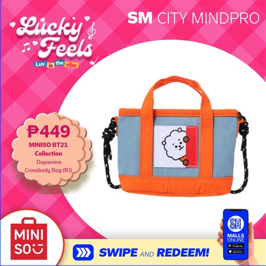 Feeling the dopamine hit? 💖✨ Carry cute vibes everywhere with the BT21 Dopamine Crossbody Bag for only ₱449—stylish, functional, and totally heart-stealing! 📍 Available at MINISO, Level 4, SM City Mindpro Looking for more deals and want to save more? Download the SM Malls Online app to get #AwesMDealsEveryday #DotheSuperSwipe 👉https://click.smmallsonline.com/DFqS/yx5m0ysl #SMMallsOnline #EverythingsHereAtSM | SM City Mindpro