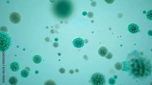 Many microbes under a microscope close up. Realistic molecular cells and bacteria colony. Dirty hand.