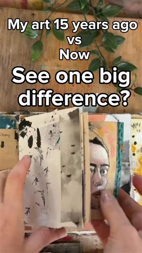 Everything Art on Instagram: "My art journals 15 years ago VS now — see the big difference? Back then, my pages were careful and clean. I didn’t want to “ruin” the paper, so I played it safe. Everything was restrained, neat, almost perfect… and honestly, a little bit scared. Now? The opposite. My journals are bursting with paint, texture, scribbles, layers, chaos, joy. Somewhere between all that mess I found my style, my techniques—and most importantly, my freedom. Because real growth happens wh