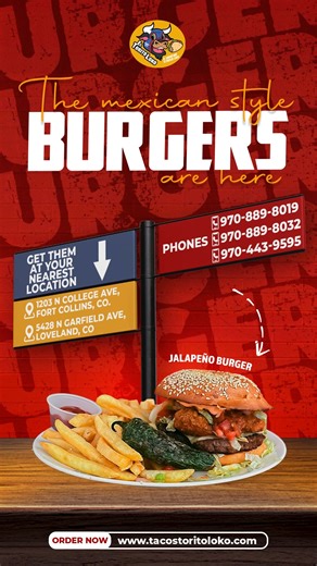 🍔🔥 Your new favorite burgers are at El Torito Loko! 🤩 Come and enjoy the authentic Mexican-style burger — juicy, flavorful, and with that loko twist you’ll love! 🇲🇽😋 Don’t resist the craving… we’re waiting for you! 🎉 📍 1203 N College Ave, Fort Collins, CO 📍 5428 N Garfield Ave, Loveland, CO 📞 970-889-8019 • 970-889-8032 • 970-443-959 | Tacos el torito loko