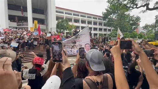 Students from different colleges at the University of the Philippines converge at the steps of the Palma Hall to express their “collective agitation” over the widespread corruption in government projects, specifically on flood control. | via Raphael Bosano, ABS-CBN News | ABS-CBN News