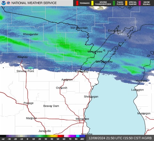 (410 PM) Radar is showing a rain/snow mix over much of north and far northeast WI this afternoon, mainly north of highway 29. Areas across Oneida and Vilas counties are reporting mainly snow during the past 2 hours, creating some slushy/slick spots over untreated roads. Drive with care across the north this evening, as temperatures hover around 32 degrees. **OUTDATED** | US National Weather Service Green Bay Wisconsin