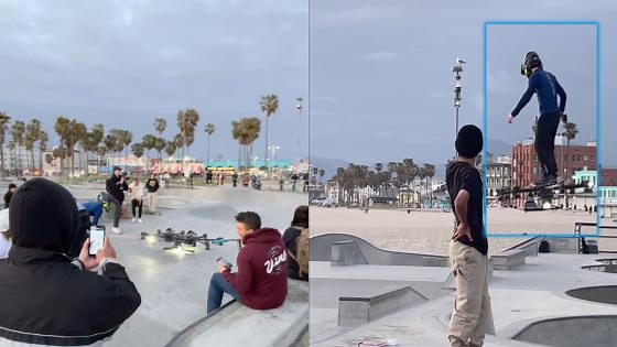 A real-life Green Goblin invades a skatepark using an impressive hoverboard that resembles a drone