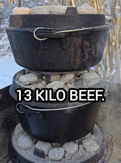 13 KILO BEEF. Kein Showgrillen. Keine Abkürzung. Nur Zeit, Rauch und Gusseisen. 13 kg Rinderschulter 2,5 Stunden Hickory-Rauch im 55 cm Keramikgrill Dann ab in den Dutch Oven - FT12, FT9 & FT6, jeweils drei Stück parallel. 5 kg Zwiebeln, Rinderfond, simple Gewürze. Low & slow, bis das Fleisch von selbst zerfällt. Klar, kannst du's auch im Backofen machen - wenn dir das Herz fürs Feuer fehlt. Pulled Beef – Großmenge 13 kg Rinderschulter (ca. 2 kg vorher pariert, damit es in den Grill passt) 5 kg 