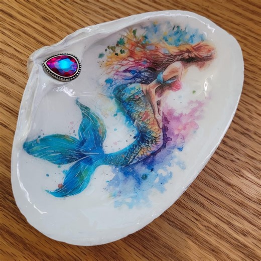 Mermaid Clam Shell Decoupage Seashell With Crystal Embellishments Coastal Gift - Etsy