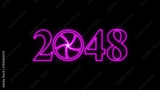 Neon 2048 Future Year Animation Seamless Loop, Glowing Blue Sci-Fi New Year Text with Camera Shutter Symbol, Futuristic Technology Countdown Concept on Black Background