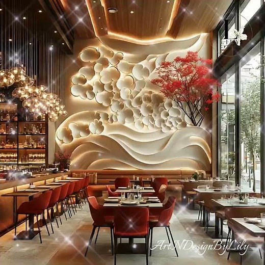 Luxury Modern Restaurant Interior | Sculptural Wall Art & Warm Lighting Design