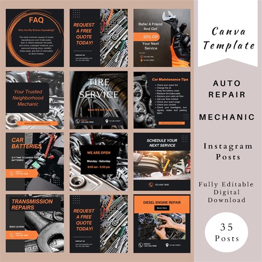 Mechanic Instagram Post Templates, Auto Repair Shop Instagram, Car Wash Services, Automotive Shop Marketing, Car Repair Feed Template - Etsy