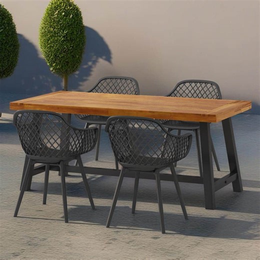 Noble House Miranth 5pc Outdoor Patio Dining Set, Polypropylene Chairs, Acacia Wood plus Iron Table, Black plus Brown 115976 - The Home Depot