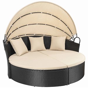 [Hot Item] Outdoor Patio Round Daybed with Retractable Canopy Rattan Furniture Sectional Seating with Washable Cushions