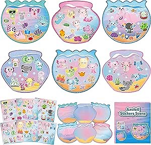 CY2SIDE DIY Axolotl Sticker Scene - 12 Sets of Fish Tank Scene with Cute Axolotl Decals for Girls, Fun Animal Sticker to Creative Crafts for Kids, Perfect Gifts & Party Favors for School Activities