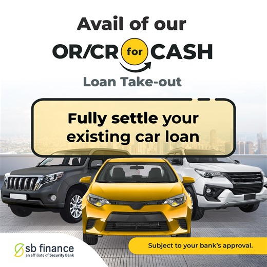 🚨 NEW PRODUCT ALERT! Meet Loan Take-Out — the latest OR/CR-for-Cash variant from SB Finance! 💸 Still paying for your car loan? Kami na ang bahala sa natitirang balance — and you can get up to PhP 2,000,000 in cash! ✔️ We settle your remaining loan ✔️ You get the extra cash ✔️ Accepting used cars up to 12 years old 📋 You may qualify if: • You’ve paid at least 12 months of your current auto loan • You have 6 months or less remaining amortization at the time of application • The car is under you