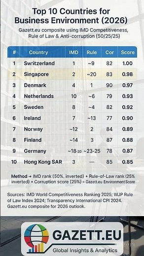 Top 10 Countries for Business Environment in 2026 | IMD, Rule of Law & Gazett.eu Global Ranking