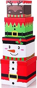 TaoBary 4 Pcs Christmas Nesting Gift Boxes Hard Xmas Stackable Decorative Boxes with Lids Elk Santa Snowman Elf Nested Decor for New Year Holiday Birthday Party Gift Decor