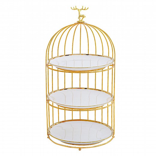 [Hot Item] European Serving Tray Iron Bird Cage Cake Rack Dessert Storage Shelves with Ceramic Plate