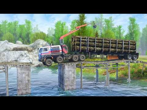Extreme Heavy Logging Transport Across Broken Bridge
