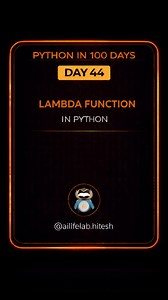 Day 44: Lambda Functions in Python Explained Simply Today you’ll learn about Lambda Functions in Python — small anonymous functions written in a single line. In this lesson, you’ll understand: ✅ What a lambda function is ✅ Why lambda functions are useful ✅ How to write one-line functions ✅ A simple lambda example Lambda functions help you write clean, concise, and readable Python code, especially for short operations. Follow the series for daily Python learning 👨‍💻🐍 #python #pythonprogramming