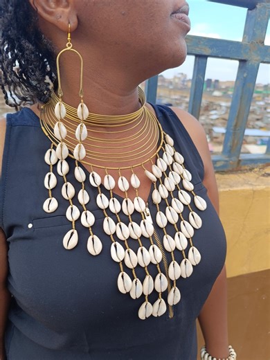 African Cowrie Shell Choker Necklace and Earrings Set, Brass Jewelry - Etsy