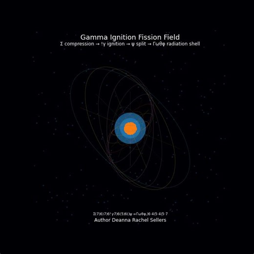 Fission Field, Author Deanna Rachel SellersPhysics map:Σ($7)6)7$)6$!γ$7)6(5)6()ψ = Γωθφ,)6·4(5·4(5·7 Σ = summed system / total field shell ($7)6)7$)6$ = pulsed compression gates !γ = gamma ignition spike / radiation burst $7)6(5)6() = collapse-release bracket ψ = wavefunction / fragment probability field = = field equivalence / phase lock Γ = curved boundary gate ω = angular frequency / spin rate θ = polar rotation plane φ = azimuthal phase plane ,) = partial decoherence turn 6·4(5·4(5·7 = stepp