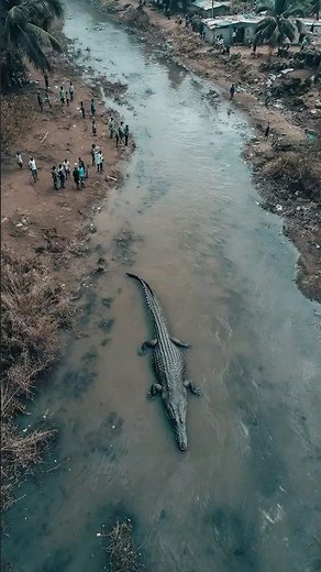 Drone Records Enormous Crocodile Swimming Beside Village