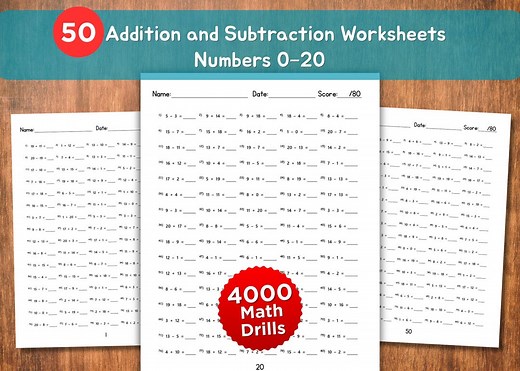 50 Addition and Subtraction Worksheets | Numbers 0-20 | 1st 2nd Grade Math Practice | Homeschool Printable | Answers Included - Etsy