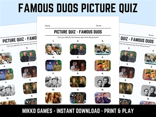 Printable Famous Duos Picture Quiz With Answers: Picture Round Quiz Sheets, Pub Quiz Trivia, Downloadable Table Quiz, Fun Famous Faces Quiz - Etsy UK