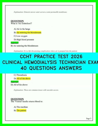 CCHT Practice Test 2026: Clinical Hemodialysis Technician Exam Review (40 Questions & Answers)