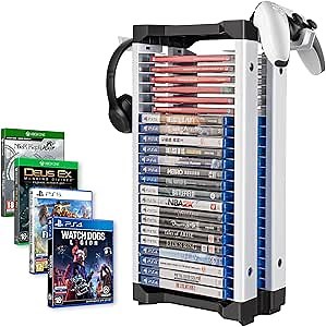 ASFSKY Video Game Storage Tower, 23-Game Organizer with 2 Controller Hooks, Universal Game Holder for PS5, PS4, Xbox, Nintendo Switch, Blu-ray and DVD Cases
