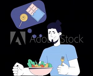 Craving sweets during winter line 2D animation. Unhappy man with salad bowl 4K video motion graphic. Seasonal affective disorder appetite linear animated cartoon flat concept, transparent background