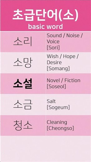 초급 한글단어 basic word (소- 소리,소망,소설,소금,청소)