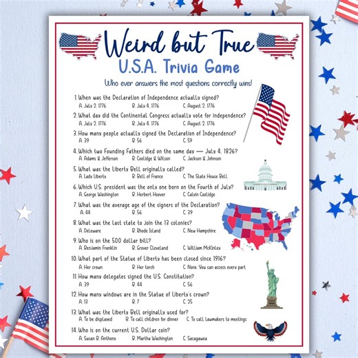 4th of July Trivia Game USA Trivia Quiz 4th of July Activity Printable American Trivia Party Games Patriotic Trivia Family Reunion BBQ Games - Etsy