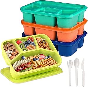 4 Pack Bento Box Lunch Box Container for Adult Kid, 4 Compartment Meal Prep Containers with Lids, Reusable Snack Box Container for Work Travel Picnic, Microwave & Dishwasher Safe