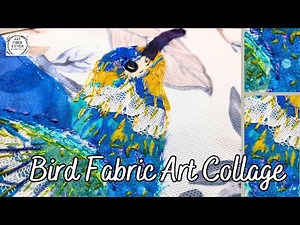 Fabric art collage of hummingbird using scraps of surprising materials. #textileart #artandcraft