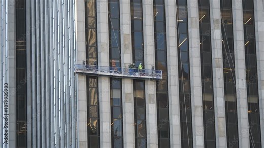 Window washers on a scaffolding platform outside a high-rise skyscraper.