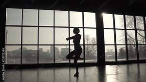 silhouette of a graceful ballerina dancing with classical ballet and high bouncing in the sunlight. slow motion