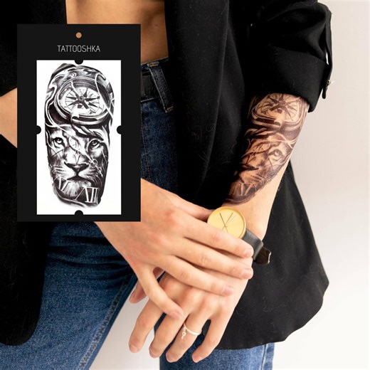 Lion & Compass Temporary Tattoo | Time Symbol Realistic Black Ink Design | Unisex Statement Arm Tattoo - Etsy