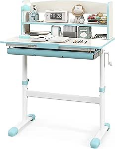 HONEY JOY Kids Desk, Children School Study Desk w/ 7-Level Tiltable Desktop, Height Adjustable Wooden Table w/Bookshelf & Pull-Out Drawer, Student Writing Workstation, Desk for Girls Boys (Blue)