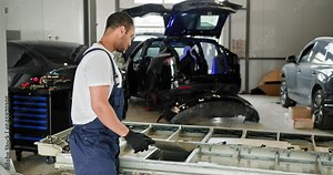 Male Technician Inspecting An Electric Vehicle Battery Module In An Auto Workshop. Mechanic Troubleshooting EV Battery Cell Module For Repair And Maintenance. Auto Service, Car Battery Handling. Stock Video