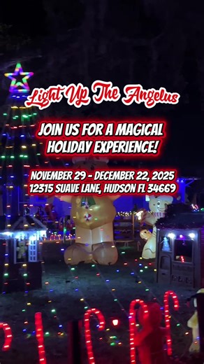 Light Up The Angelus is BACK! ⭐️ From Nov 29 – Dec 22, bring the whole family for a magical holiday experience in Hudson, FL! 🎄✨ Drive through a dazzling light display, explore Santa’s Village, warm up by the bonfire, hop on the holiday train, visit food vendors, shop unique gifts, and meet Santa & Mrs. Claus, The Grinch, and Elsa on select nights! ❄️🎅💚 🎟 $20 preorder online | $25 at the gate 📍12315 Suave Lane, Hudson FL ❌ Closed Dec. 1, 2, 8 & 9 Grab your carload tickets here: https://www.