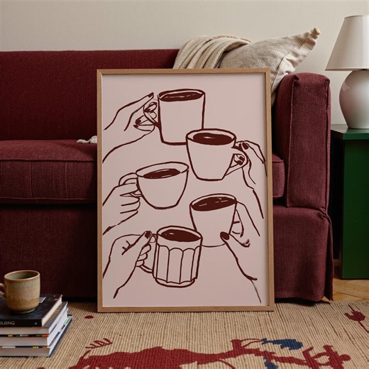 Coffee Wall Art: Coffee Lover Gift, Minimalist Hand-drawn Poster, Red & Pink Coffee Print for Kitchen (digital Download) - Etsy