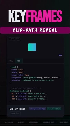 CSS Clip Path Reveal Animation: Inset Wipe Transition Tutorial #shortvideo #cssmotion